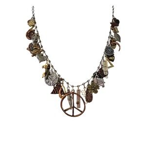 Boho Mixed Metal Multi Charm Necklace Peace Sign Elephant Turtle Nature Symbols